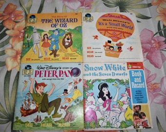 Vintage Lot of 4 Bambi, Snow White, Its a Small World, The Wizard of Oz 33-1/3 See Hear Read Book Record, Kids Record Book, Disney