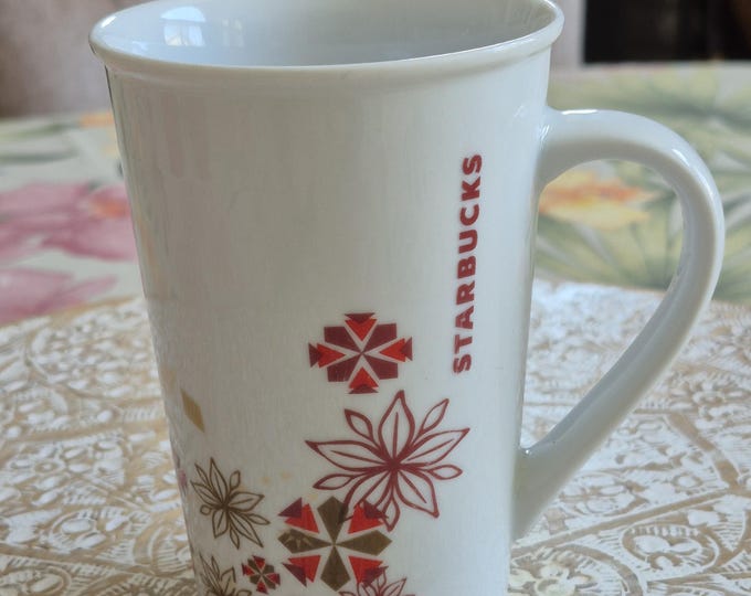Starbucks Christmas Holiday White Red Snowflake Coffee Tea Mug Cup Collectible 12 oz, Retired Starbucks Retro Coffee Mug,Starbuck, Starbucks
