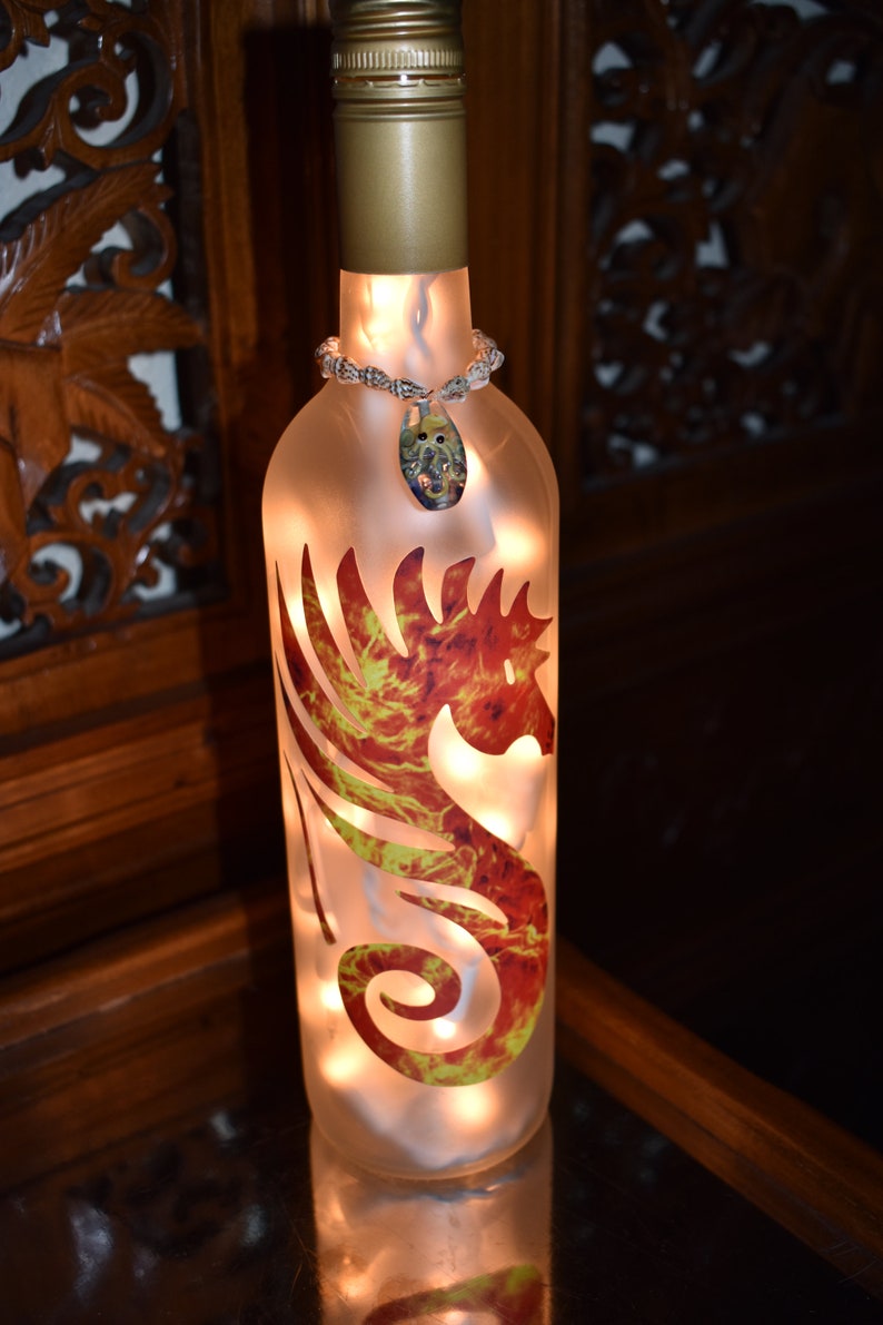 Tiki Bar White Lights Seahorse Flaming Seahorse Frosted Wine Bottle Light with Vintage Sea Shell topper Tiki Bar Light Man Cave Light