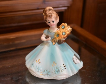 Vintage 1950's Josef Originals Figurine March Girl Birthstone Flowers Aqua Blue Dress, Made in Japan Figurines,Vintage Figurines,Mid Century