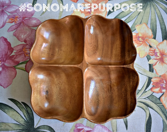Vintage Monkey Pod Wood Leaf 4 Section Bowl Serving Dish, Made in Hawaii, Chip & Dip, Acacia Wood, Vintage Hand Made Wooden Bowl, Snack Bowl