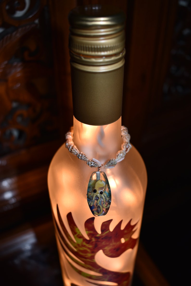 Tiki Bar White Lights Seahorse Flaming Seahorse Frosted Wine Bottle Light with Vintage Sea Shell topper Tiki Bar Light Man Cave Light