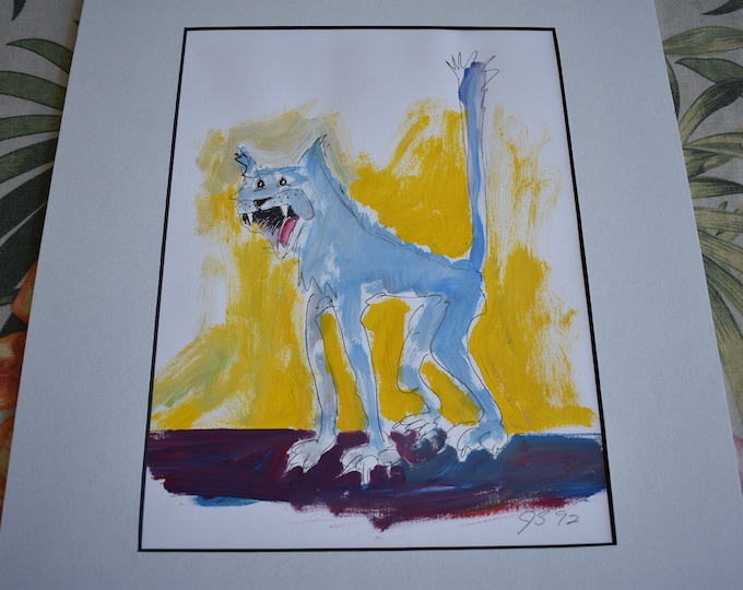 Signed John Sumner, Abstract Cat Painting on Paper 1992, Kitten Artwork Print, Cat Art, Kitten Art, John Sumner Animal Artist Glen Ellen