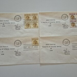 Lot of 4 Vintage 1958 Simon Bolivar Champion of Liberty Series Stamp First Day Covers, Vintage Stamps, United States Stamps, Stamps