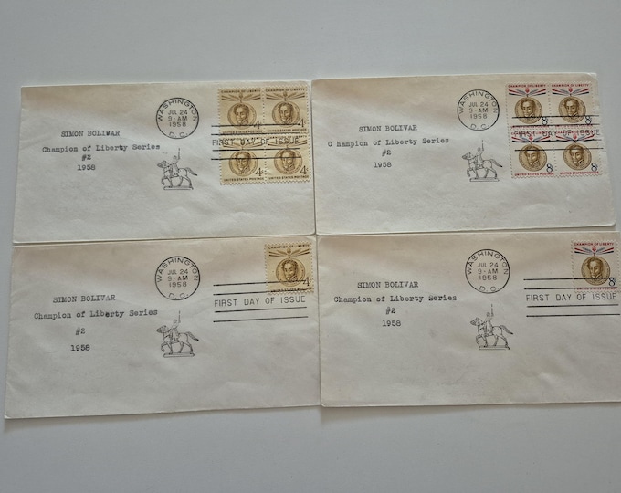 Lot of 4 Vintage 1958 Simon Bolivar Champion of Liberty Series Stamp First Day Covers, Vintage Stamps, United States Stamps, Stamps