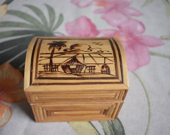 Vintage Mid Century Hand Made Tiki Hut Bamboo Design Palm Trees Jewelry Trinket Box by Unknown Artist, Hawaiian Style Jewelry Trinket Box