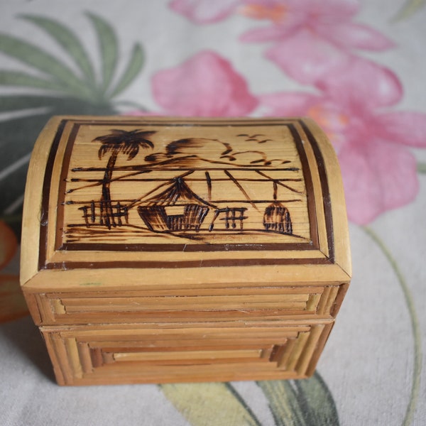 Vintage Mid Century Hand Made Tiki Hut Bamboo Design Palm Trees Jewelry Trinket Box by Unknown Artist, Hawaiian Style Jewelry Trinket Box