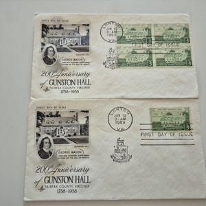 Lot of 2 Vintage 1958 200th Anniversary of Gunston Hall Fairfax County, Virginia Stamp First Day Covers, United States Stamps, Stamps