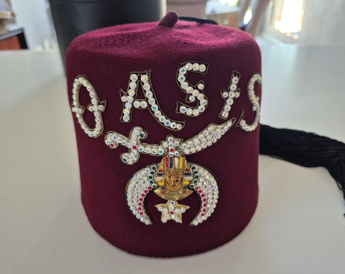 Vintage OASIS Masonic Shriner Fez Hat w/Case, Anthony Nizzardini Masonic Supply Co., Shriner Fez Hat, Fez Hat, Bejeweled Hat, Costume Hat
