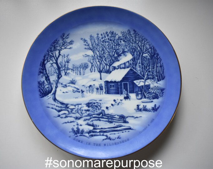 Vintage Currier & Ives A Home in the Wilderness Fine China Plate, Winter Decor, Wall Plate Decor, Thanksgiving Collector Plate, Thanksgiving