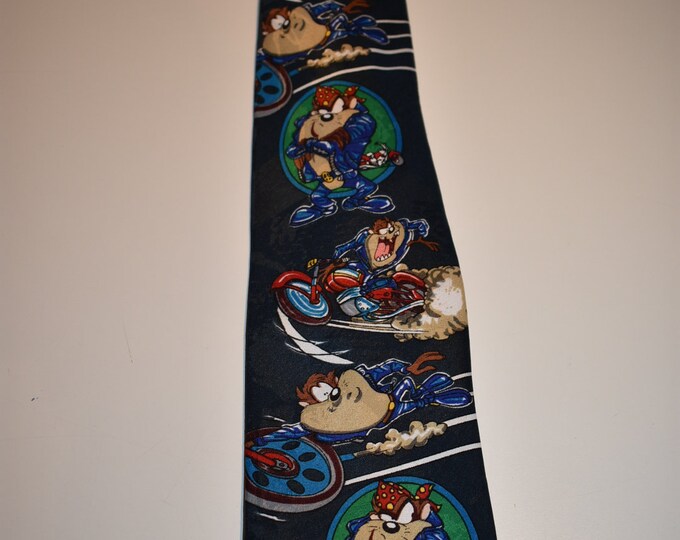 Vintage Looney Tunes Tasmanian Devil Motorcycle Mens Necktie, Looney Tunes Mens Tie, Polyester Mens Tie, Animation Character Mens Tie