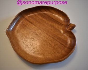 Vintage Monkey Pod Wood Leaf Bowl Serving Dish, Made in Hawaii, Chip & Dip, Acacia Wood, Vintage Hand Made Wooden Bowl, Snack Bowl