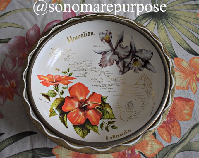 Vintage 1970's Gold Metal Rim Hawaiian Islands Bowl, Vintage Snack Bowl, Hawaiian Island Serving Bowl, Chip Bowl, Hawaiian Party Bowl, Luau