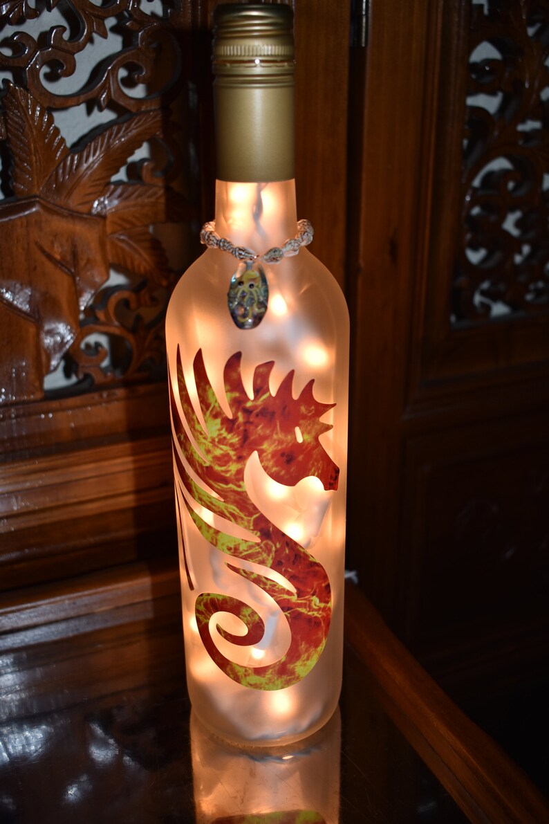 Tiki Bar White Lights Seahorse Flaming Seahorse Frosted Wine Bottle Light with Vintage Sea Shell topper Tiki Bar Light Man Cave Light