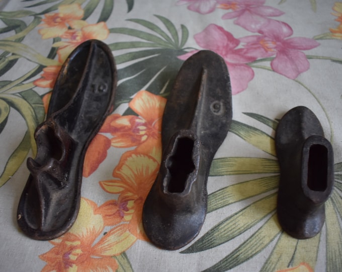 Lot of 3 Vintage 1930's Cast Iron Cobbler Shoe Forms Unknown Mfg, Size 19, 9, 0, Cast Iron Cobbler Maker Shoe Forms