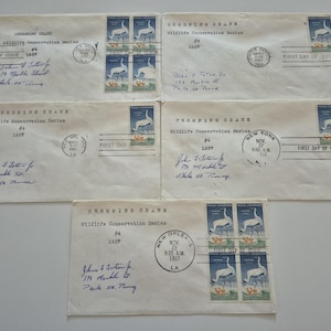 Lot of 5 Vintage 1957 Whooping Crane Wildlife Conservation Series Stamp First Day Covers, Vintage Stamps, United States Stamps, Stamps