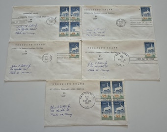 Lot of 5 Vintage 1957 Whooping Crane Wildlife Conservation Series Stamp First Day Covers, Vintage Stamps, United States Stamps, Stamps