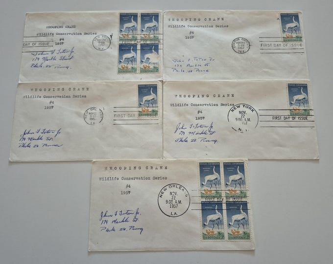 Lot of 5 Vintage 1957 Whooping Crane Wildlife Conservation Series Stamp First Day Covers, Vintage Stamps, United States Stamps, Stamps