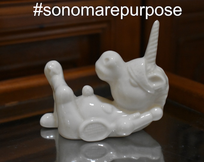 Vintage White Unicorn Tennis Figurine / Miniature White Sporty Unicorn / Athletic Small Unicorn Decor / Porcelain Vintage Sleeping Unicorn