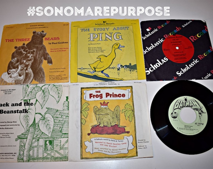 Vintage Lot of 6 Batman, Runaway Engine, Ping, The 3 Bears, Frog Prince, Jack & Beanstalk 33-1/3 and 45 Rpm Children Kid Vinyl Records