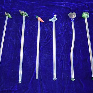 Vintage Hand Made Glass Swizzle Sticks Peppers, Chicken, Heart, Palm Tree, Lot of 6, Vintage Swizzle Sticks, Tiki, Tiki Time, Tiki Party