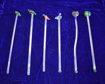 Vintage Hand Made Glass Swizzle Sticks Peppers, Chicken, Heart, Palm Tree, Lot of 6, Vintage Swizzle Sticks, Tiki, Tiki Time, Tiki Party