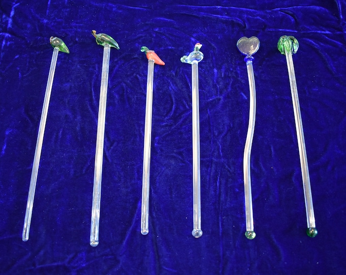Vintage Hand Made Glass Swizzle Sticks Peppers, Chicken, Heart, Palm Tree, Lot of 6, Vintage Swizzle Sticks, Tiki, Tiki Time, Tiki Party