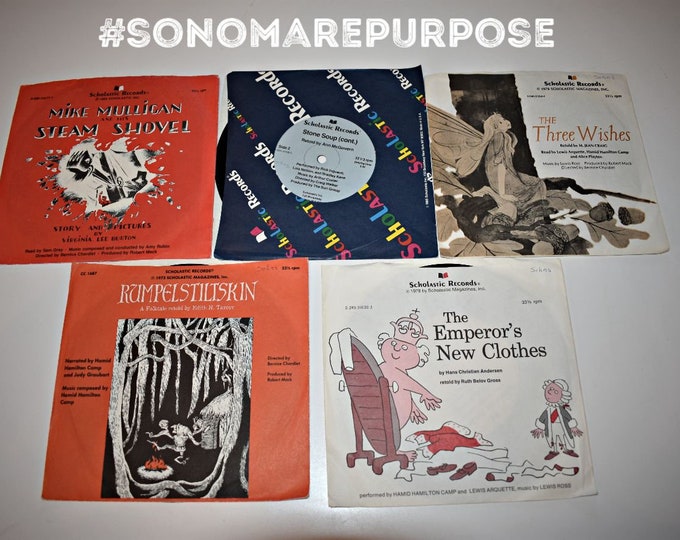 Vintage Lot of 5 Mike Mulligan Steam Shovel, Stone Soup, Three Wishes,Rumpelstiltskin,Emperors New Clothes 33-1/3 Children Kid Vinyl Records
