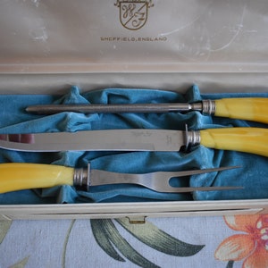 Vintage Fuller Brothers Carving Knife Set Bakelite Handle Yellow Marble  Style Three Piece Carving Set Vintage Kitchen Decor 
