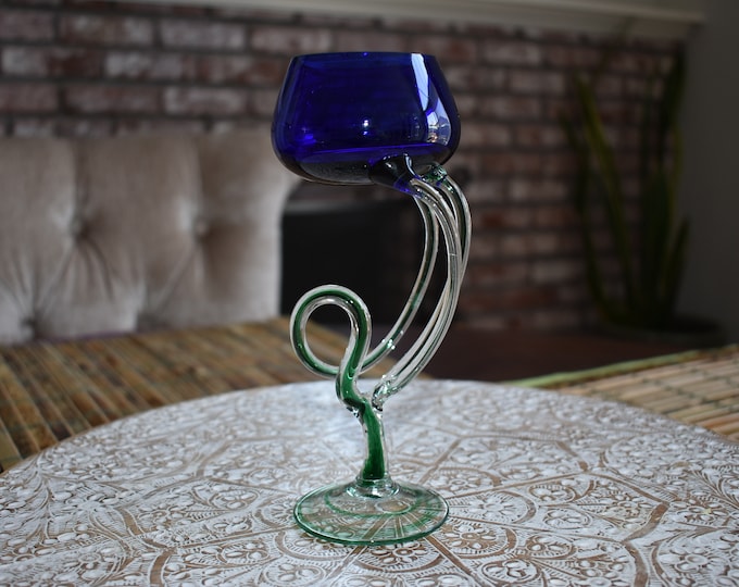Vintage Dark Blue Crystal Murano Style Art Glass Tea Light Candle Holder by Unknown Artist, Tea Light Art Glass Candle Holder, Candle Holder