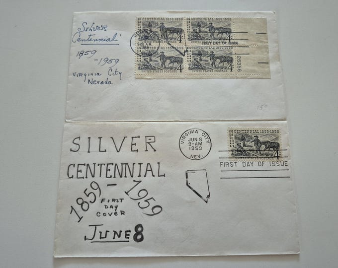 Lot of 2 Vintage 1959 Silver Centennial 1859 to 1959 Virginia City Nevada Stamp First Day Covers, Vintage Stamps,United States Stamps,Stamps