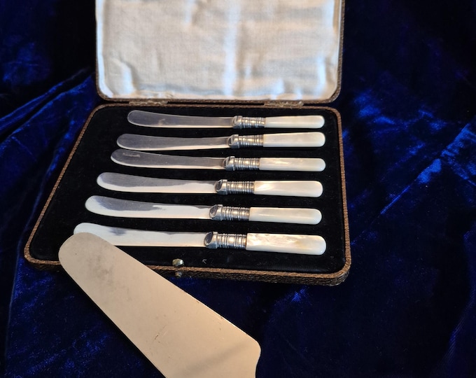 Antique Set Of 6 Stainless Steel Butter Spreader Knives Made in Sheffield England with 1 Mother of Pearl Stainless Steel Spatula