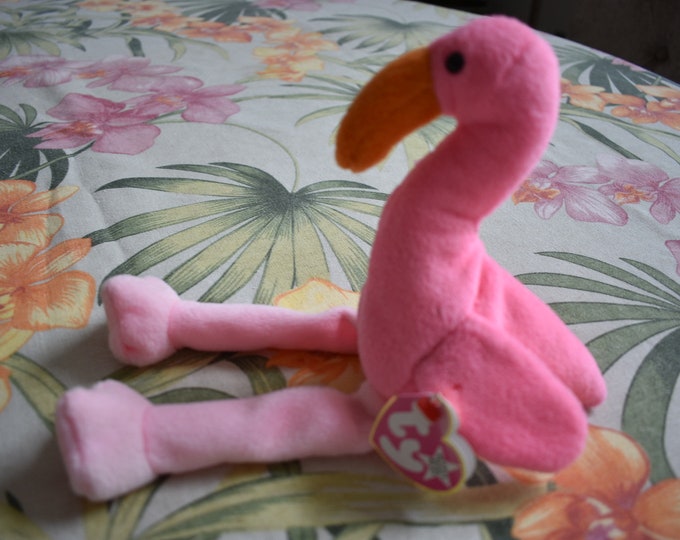 TY Beanie Baby - Pinky The Flamingo, 1995, RETIRED, RARE, Tag Errors, Pinky The Flamingo Beanie Baby Miss Print Tag