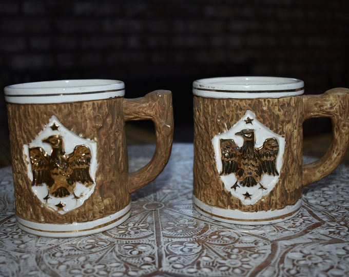 1962 Vintage Lot of 2 Holt Howard Patriotic Gold Eagle Faux Wood Coffee Tea Mug Cups Made in Japan, Vintage 1960's Holt Howard Ceramics