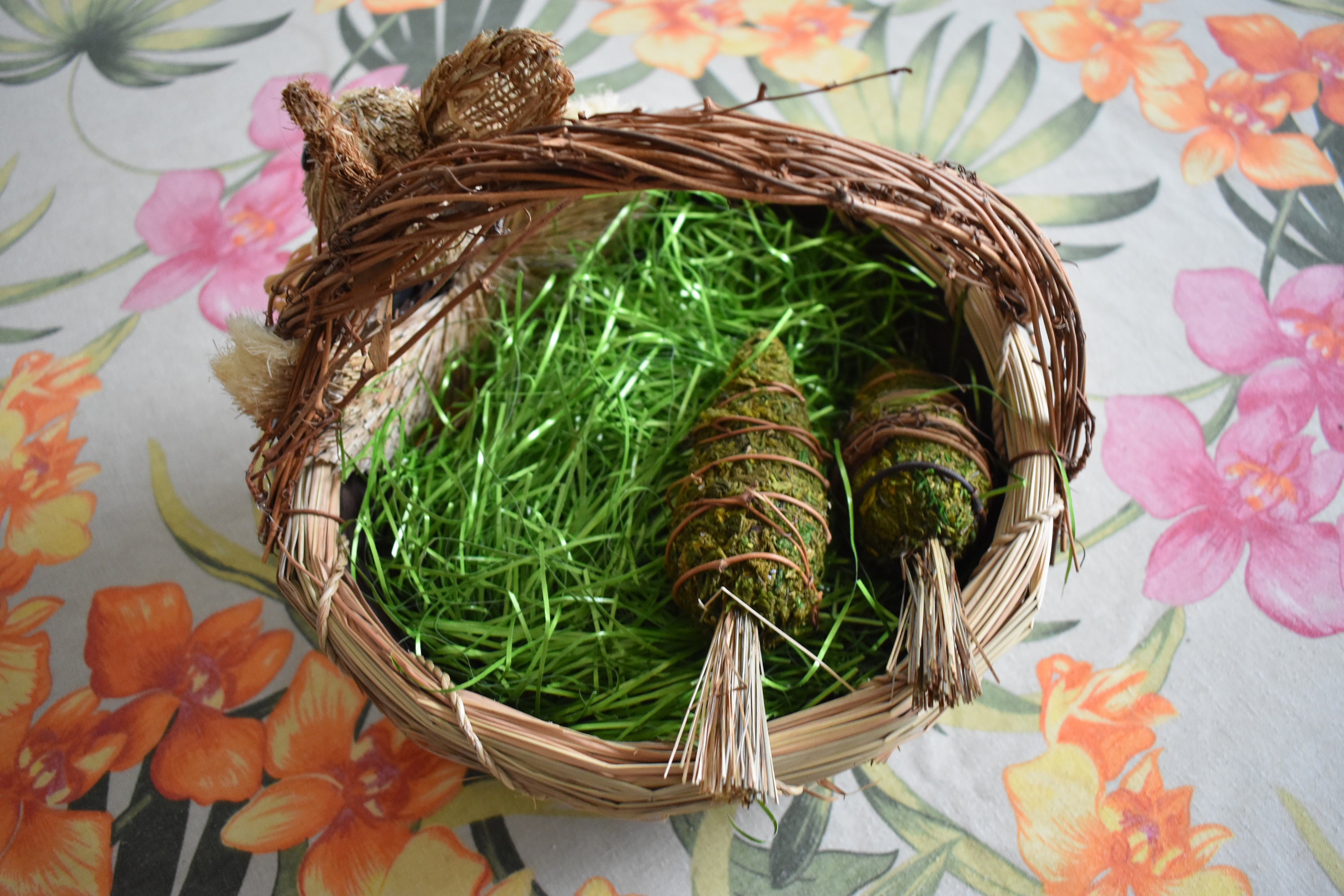 Handmade Rabbit Bunny Easter Basket with Carrots, Bunny Rabbit Home Decor, Bunny Decor, Bunny