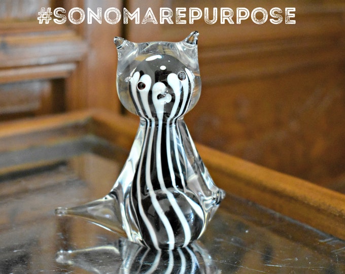 Vintage 1980's Enesco Black and White Glass Hand Blown Cat, Country Farm House Kitchen Decorations, Cat Decorations, Glass Cat Kitten, Cat