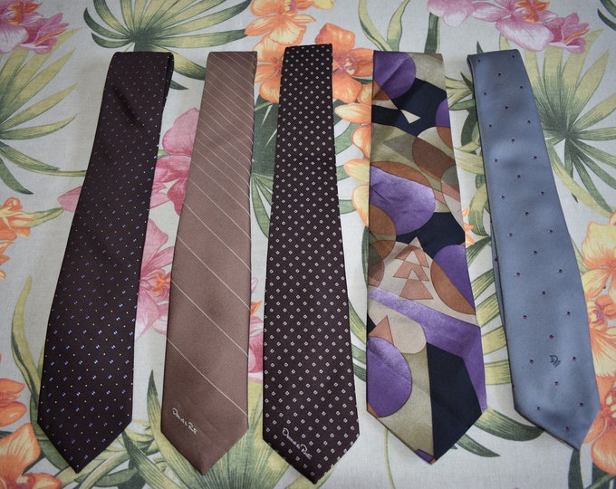 Lot of 5 Italian Designer Silk Men's Neck Ties, Silk Mens Neck Ties, Oscar De La Renta, Michael Kors, Christian Dior, Pierre Balmain Couture