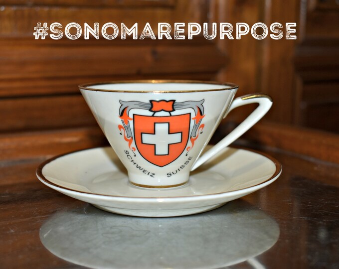 Vintage Sevelen Rheintal Suisse Schweiz Design Footed Tea Cup & Saucer, Sevelen Rheintal Suisse Pottery, Sevelen Rheintal Suisse Tea Cup