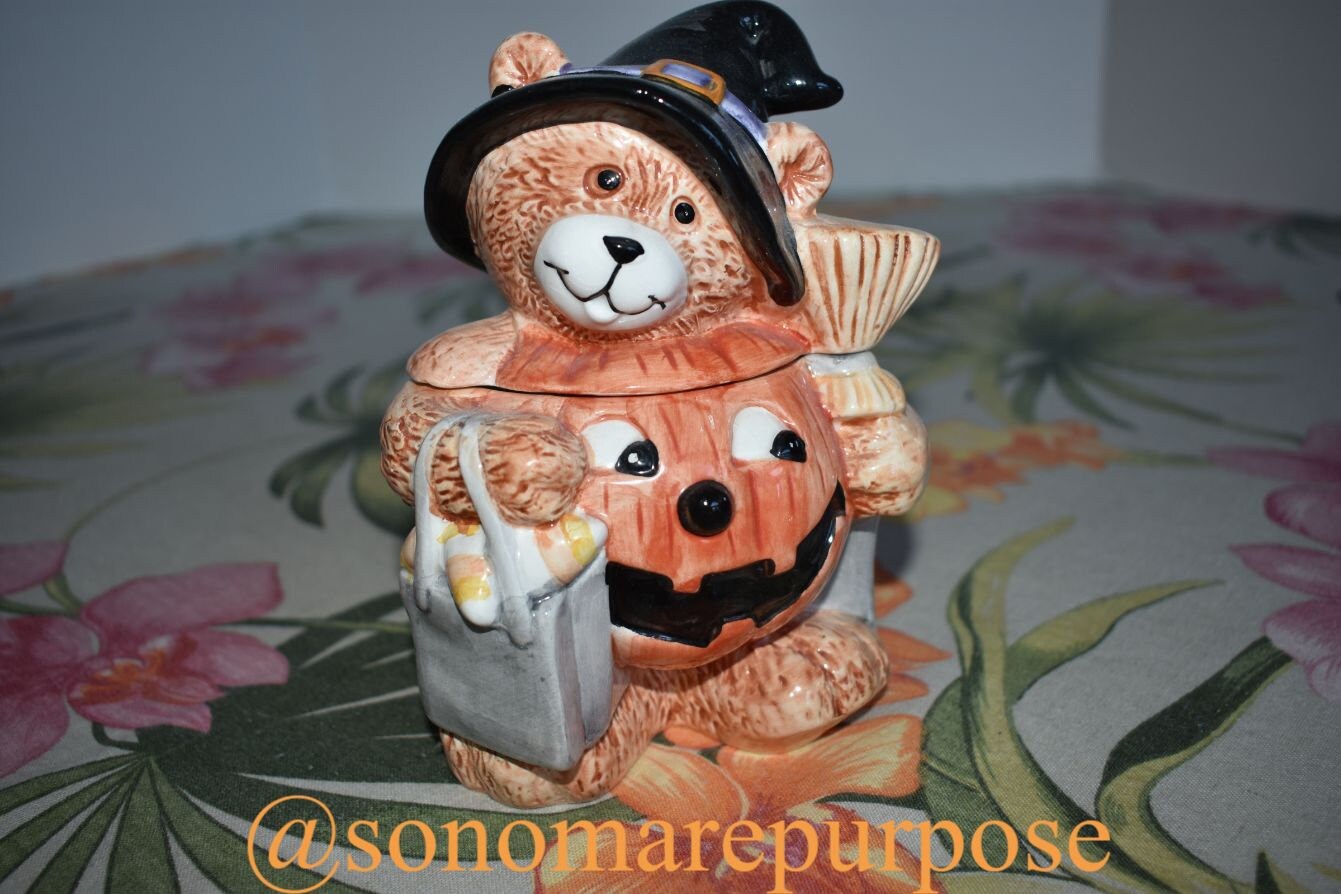 Vintage Witch Teddy Bear in Jack O Lantern Costume Ceramic
