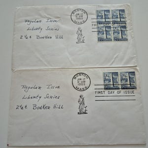 Lot of 2 Vintage 1959 Liberty Series Bunker Hill 2 - 1/2 Cents Stamp First Day Covers,  Vintage Stamps, United States Stamps, Stamps
