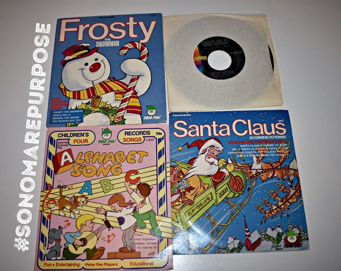 Vintage Lot of 4 Frosty The Snowman,Santa Claus is Coming to Town,Alphabet Song,David Seville The Chipmunks 45 Rpm Children Kid Vinyl Record