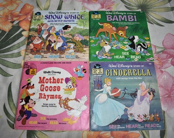 Vintage Lot of 4 Cinderella, Snow White, Mother Goose, Bambi 33-1/3 See Hear Read Book Record, Kids Record Book, Disney