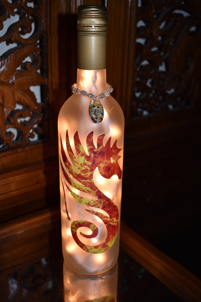 Tiki Bar White Lights Seahorse Flaming Seahorse Frosted Wine Bottle Light with Vintage Sea Shell topper Tiki Bar Light Man Cave Light