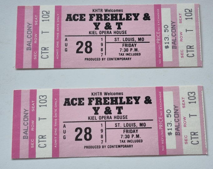 Lot of 2 Ace Frehley / Y&T UNUSED 1987 Concert Ticket Kiel Opera House ST Louis, MO, Rock n Roll, Unused Concert Ticket 1980's, Vintage Rock