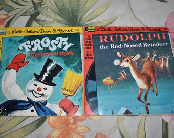 Vintage Lot of 2  Read and Hear Golden Book Vinyl Record 33 -1/3 rpm Records, Frosty the Snowman & Rudolph the Red Nosed Reindeer, Kids