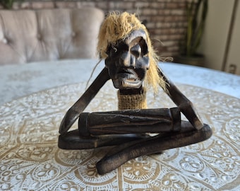 Vintage 1980's Hand Carved Tiki God with Drum, Mid Century Tiki, Hawaiian Tiki God, Hawaiian Decor, Tiki Decor,Tiki Wood Carving,Beach Decor