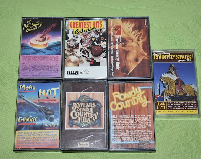 Vintage lot of 7 Misc Country Music Cassette Tapes, Marlboro Country Music, Hot Country Requests, Greatest Hits, Legendary Country Stars