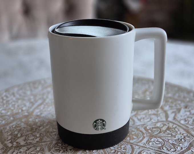 STARBUCKS White Ceramic Travel Mug w/Handle, Rubber Bottom Travel No Spill Coffee Tea Mug Cup Collectible 14oz, Starbucks Retro Coffee Mug