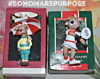 Lot of 2 Hallmark Keepsake Ornaments Reindeer Champs 1989 and Reindeer Pro 1994, Reindeer Champs Christmas Ornaments,Reindeer Games,Reindeer
