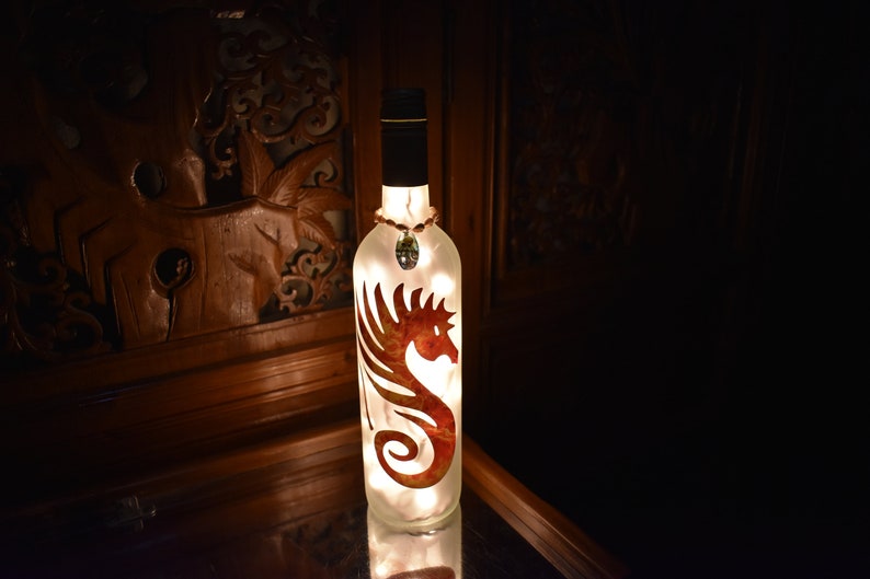 Tiki Bar White Lights Seahorse Flaming Seahorse Frosted Wine Bottle Light with Vintage Sea Shell topper Tiki Bar Light Man Cave Light